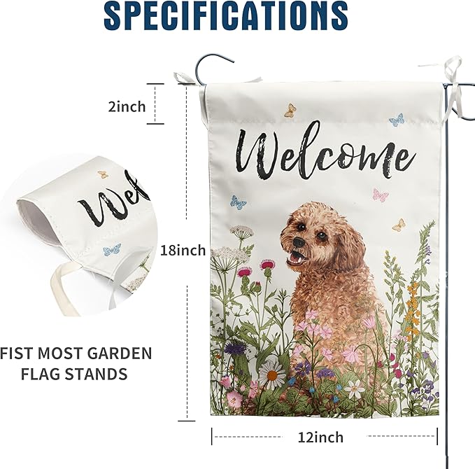 Spring Summer Garden Flag Floral Golden Doodle Puppy Yard Flag Flower Dog Garden Flags for Outside Small Outdoor Welcome Flags 12x18 Double Sided