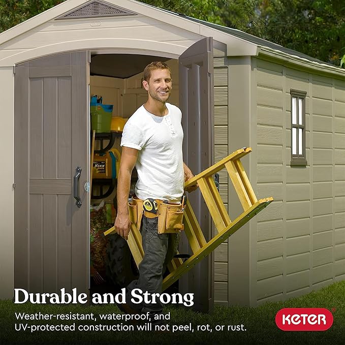 Keter Factor 8 x 11 Foot All Weather Resin Outdoor Storage Shed with 2 Shelves Included and Built-in Ventilation for Backyard Organization, Taupe