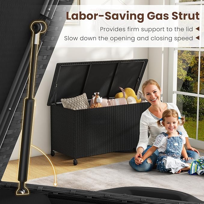 Tangkula Rattan Deck Box, 85 Gallon Storage Container with Waterproof Liner, Wheels & Gas Strut, Indoor Outdoor Wicker Storage Cabinet, Storage Furniture for Pillows, Cushions (Black)