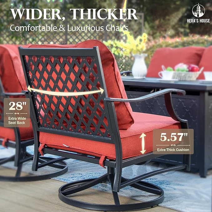 HERA'S HOUSE 7 Piece Patio Furniture Set, 2 x Swivel Chair, 2 x Leg Chair, 2 x Ottoman, 1 x 3-Seat Sofa, All Cushioned 9 Seats Metal Outdoor Conversation Set for Lawn Garden Backyard