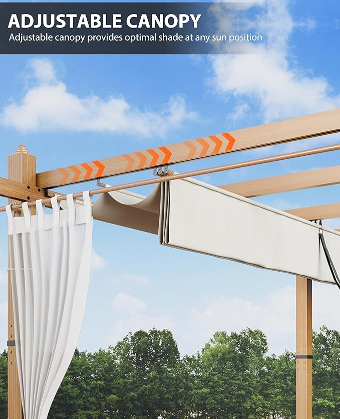 10x13 Ft Outdoor Aluminum Pergola, Upgraded Faux Wood Grain Retractable Pergola with Adjustable Roof & Side Mesh Screen, Modern Metal Patio Gazebo for Deck, Backyard, Porch, Vineyards, Beige + White