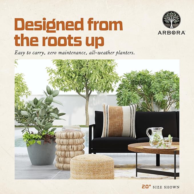 ARBORA 16" Valencia Polyresin Indoor and Outdoor Planter with Stone Blend Concrete Gray Finish - Durable, Weatherproof, Lightweight, Large Plant Pot for Patio, Garden, Deck, Entryway