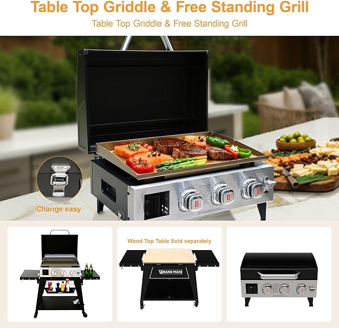 Brand-Man 3-Burner Portable Propane Gas Griddle with Lid - 28,000 BTU Flattop Griddle Grill, 504 Sq. In., Folding Side Tables, Rolling Cart for Outdoor BBQ, Camping, Patio