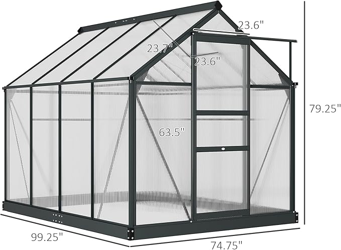 Outsunny 6' x 8' Greenhouse for Outdoors, Polycarbonate Greenhouse with Rain Gutter and Roof Vent, Aluminum Walk-in Green Houses for Outside for Patio Backyard Garden, Gray