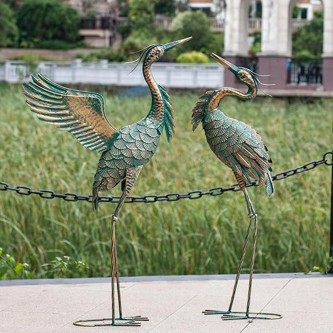 Natelf Metal Crane Garden Statues, Large Heron Outdoor Bird Sculpture Decor for Patio Pond Yard 36-39inch Yard Art, Set of 2
