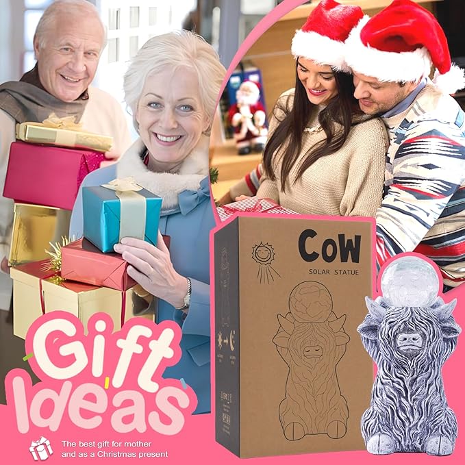 Goodeco Highland Cow with Solar Gazing Ball Lights – 8.2 Inch Garden Statue for Home & Outdoor Decor, Highland Cow Gifts for Yard & Patio (Gray)