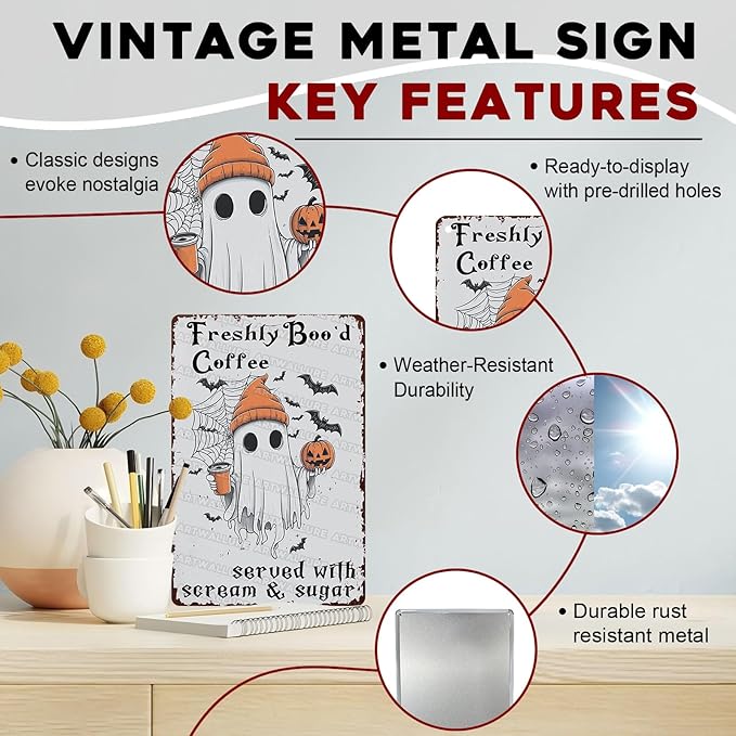 Halloween Rustic Metal Tin Sign Freshly Boo’d Coffee Vintage Fall Decor Retro Tin Plaque Kitchen Wall Art Metal Poster Home Iron Painting Wall Decor 8x12inch