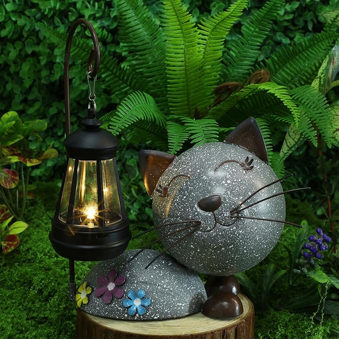 Glintoper Solar Garden Statue Cat Figurine with Lantern, Outdoor Metal Kitten Whimsical Lawn Porch Yard Art, Mothers Day Ideal Gifts, Lighted Ornaments for Patio Pathway Yard Decoration