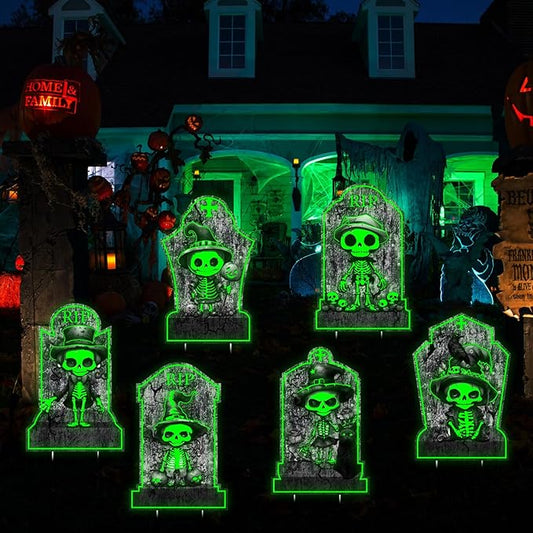 6pcs Glow in The Dark Halloween Tombstones Decor Outdoor or Indoor: 11x16.53, Skeletons, Black Cat, Crow, Waterproof Scary Light Up Gravestones for Home, Party, Cemetery Halloween Decor