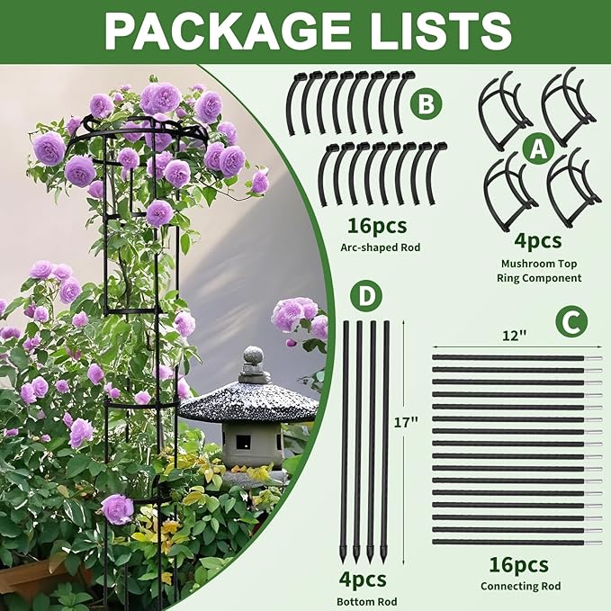 1 Pack Garden Trellis for Climbing Plants Outdoor, 65" Adjustable Mushroom Top Trellis, Umbrellas Plant Support Obelisk for Potted Plants Climbing Vine Rose Clematis Vegetable Indoor Outdoor