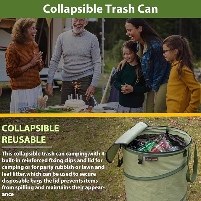 YUDI & GARDEN 29 Gallon Hard Bottom Collapsible Trash Can｜Collapsible Garden Bag｜Camping Trash Can, Green 2-Pack for Collecting Weeds or Party and Yard Waste