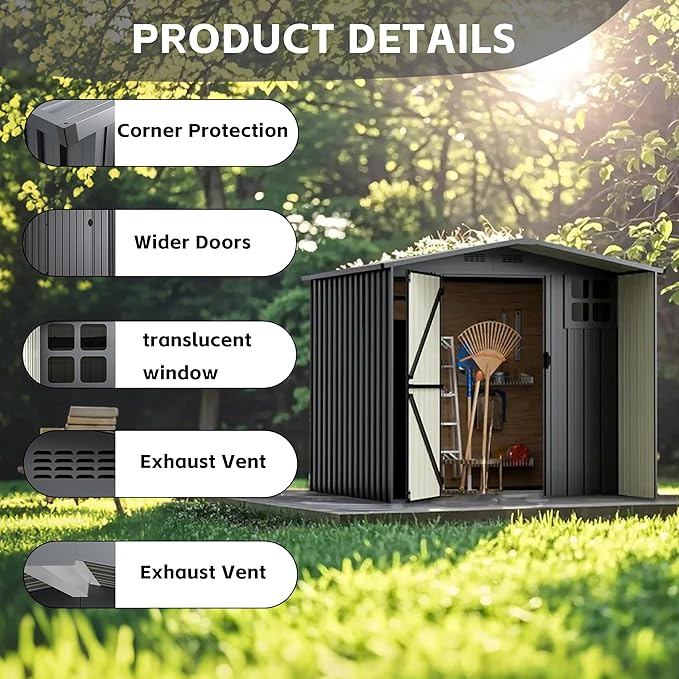 Modern 6×6 FT Metal Outdoor Storage Shed with Windows, Stylish Lockable Waterproof Garden Tool Shed, Contemporary Storage Shed for Lawn Mower & Backyard Patio, Dark Gray (No Floor)