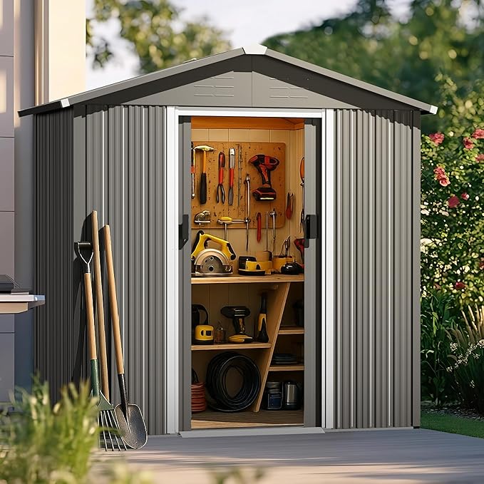 Nuu Garden 6 x 4 FT Outdoor Storage Shed with Sliding Doors, Galvanized Sheet Outdoor Shed with Sloping Roof, Anti-Corrosion Garden Shed with Air Vents for Backyard Patio Lawn, Gray