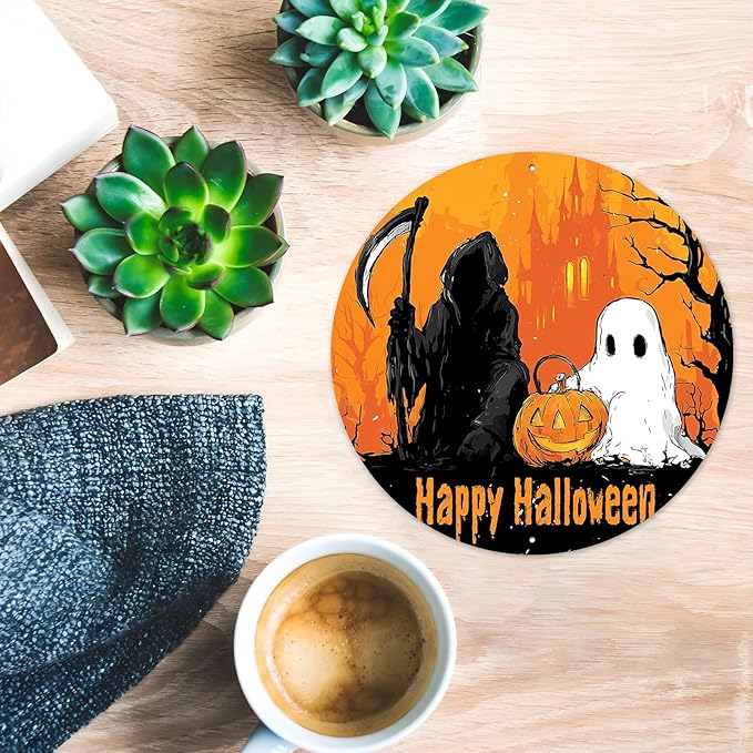 PEACHGARDEN Happy Halloween Round Metal Tin Sign Gothic Decor Vintage Wall Art Retro 8x8inch