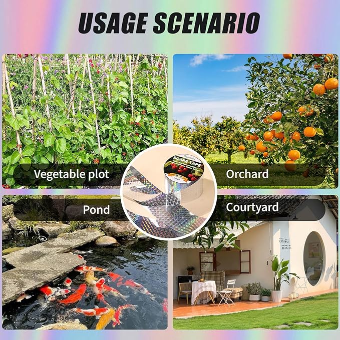 Bird Tape Repellent - Double Reflective Tape Ribbon, Bird Scare Tape, Effective Against Birds and Animals, Ideal for Gardens, Orchards, Farms and Outdoor Areas(2IN * 360FT)