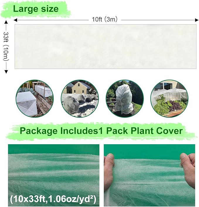 Plant Covers Freeze Protection, 10 FT x 33 FT Frost Blankets 1.06oz/yd² Thick crop cover , Reusable Garden Frost Cloth Floating Row Tree Covers for Winter Outdoor Plants vegetables seed Fruit
