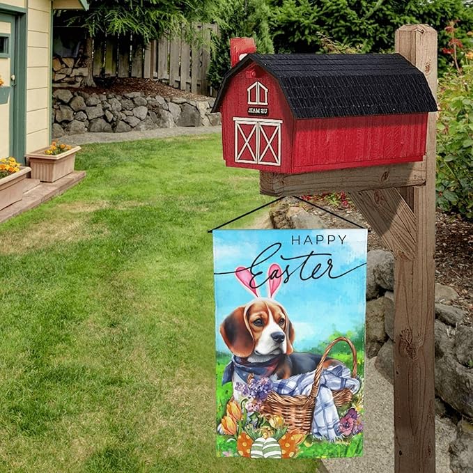 Beagle Dog Flower Happy Easter Bunny Cute Egg Garden Flag Welcome Party Outdoor Outside Decorations Picks Home House Garden Yard Decor 12x18 Inch