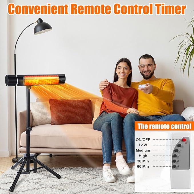 Electric Patio Heater Outdoor 1500W Carbon Infrared Heater with Remote Timer 3 Heat Levels IPX4 Waterproof Tripod Stand Ceiling Wall Mount for Backyard Restaurant Garage