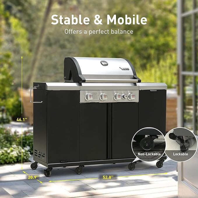 Brand-Man 4-Burner Gas Outdoor Kitchen Grill Island with Side Burner - 44,000 BTU Stainless Steel BBQ Grill Station with Storage Cabinets, Fold-out Prep Table, LPG/NG Convertible, Black