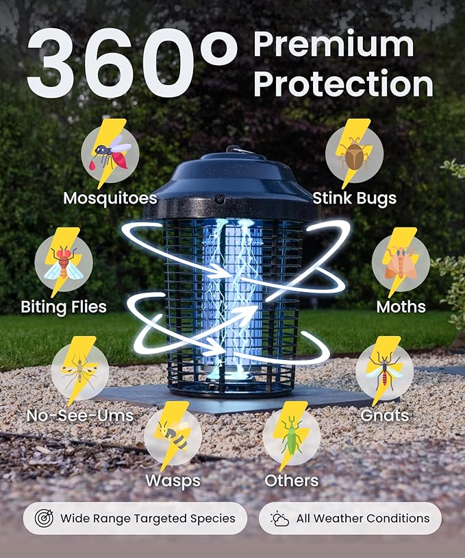 OMT-E80 In/Outdoor Electronic Insect Killer & Catcher Lamp for Mosquitoes, Gnats, Aedes Mosquitoes, Flies, Moths & More with 2*40W UV Light & 4200V High Voltage Grid, 1.5 Acre Coverage, Black