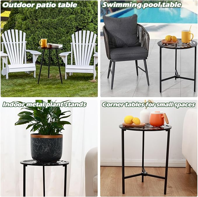 Party Zealot 1 Pack 13" Metal Outdoor Side Tables Small Black Outside End Table for Patio Round Accent Corner Stand for Small Spaces Weather-Resistant Coffee Table for Balcony Porch Plant Stand, Leaf