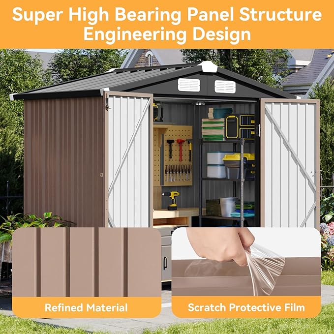 Aoxun 6x3.9 FT Shed Metal Outdoor Storage Shed Garden Shed with Lockable Doors Tool Shed Bike Shed for Backyard, Patio, Poolside (Brown)
