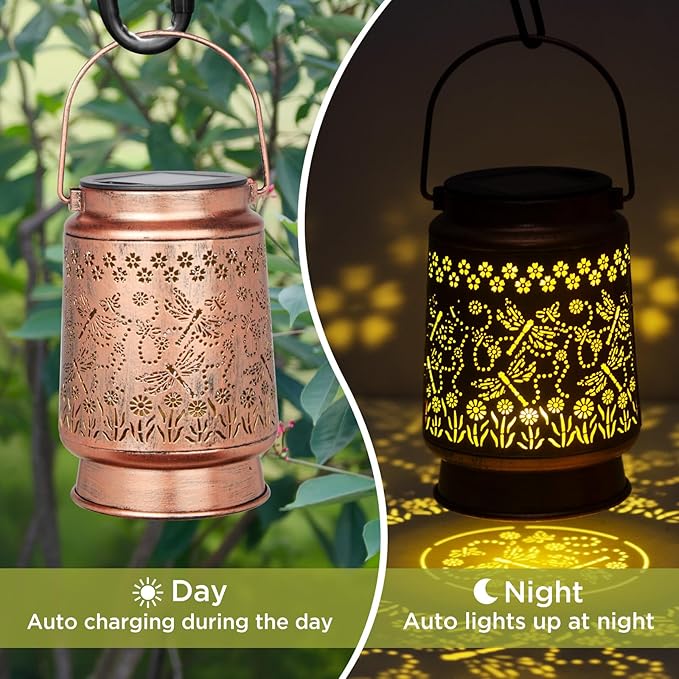 Solar Dragonfly Lanterns Outdoor Waterproof Garden Decor Gifts for mom Women Mom Grandma Hanging Lights Metal Decoration Outside for Yard, Patio, Backyard, Porch,for Garden/