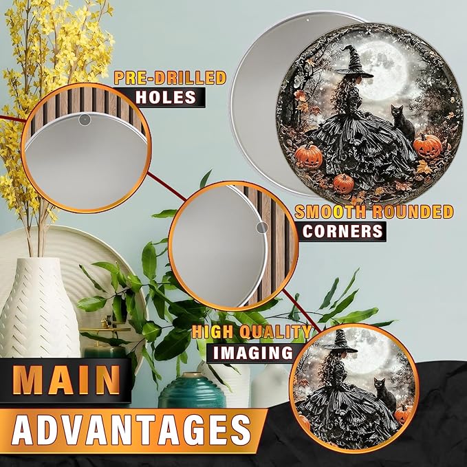 PEACHGARDEN PEACHGARDEN Round Happy Halloween Black Cat Vintage Sign Halloween Witch Metal Tin Sign for Home Bar Kitchen Hotel Dining Room Coffee 12x12inch