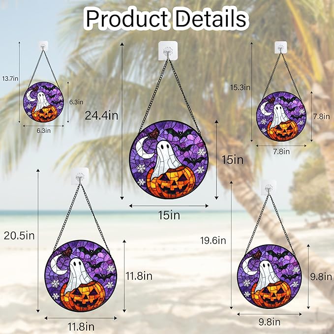 Stained Glass Window Hanging Halloween Horror Pumpkin 9.8" - Suncatcher Door Garden Sunroom Gothic Style Ghost Bat Sun Catcher Birthday for Friend Mom Men Woman Nana