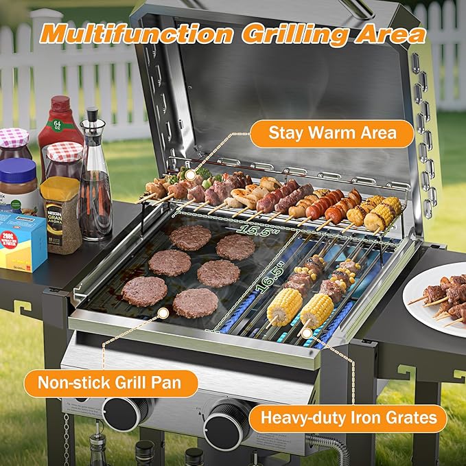 2 Burner Gas Grills Propane, 16,000 BTU Stainless Steel Compact Gas Barbecue Grill with Foldable Shelves, Small Propane Grills Outdoor Cooking for Patios Backyard Camping, 255 SQ.IN Cook Area