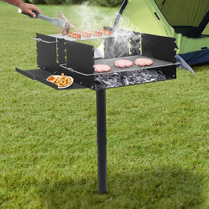 Adjustable Height Large Park Style Grill, Single Post Outdoor Grill, Portable Park Style Charcoal Grill, Camp Grilling Barbecues for Outdoor Barbecues, Parties, Camping.