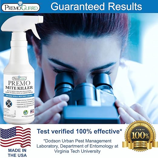 Premo Guard Mite Treatment Spray – 32 oz – Kills Dust, Scabies, Spider, Carpet, Bird, Mouse & Rat Mites in Home, on Furniture, Bedding – Natural Non-Toxic 100% Effective – Child & Pet Safe