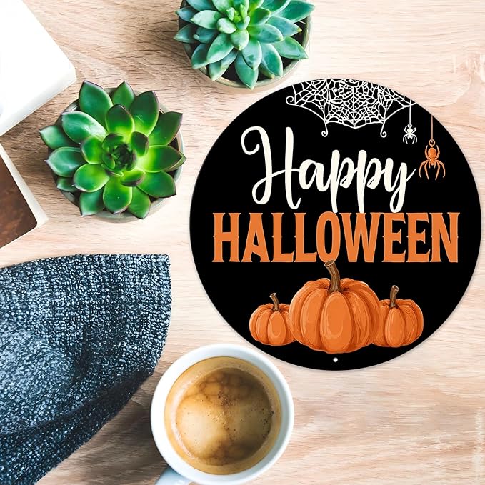 PEACHGARDEN Halloween Pumpkin Metal Tin Sign Vintage Pumpkin Decor Round Welcome Retro Wall Art Gothic Plaque Spooky Home Porch Decorations 12x12inch