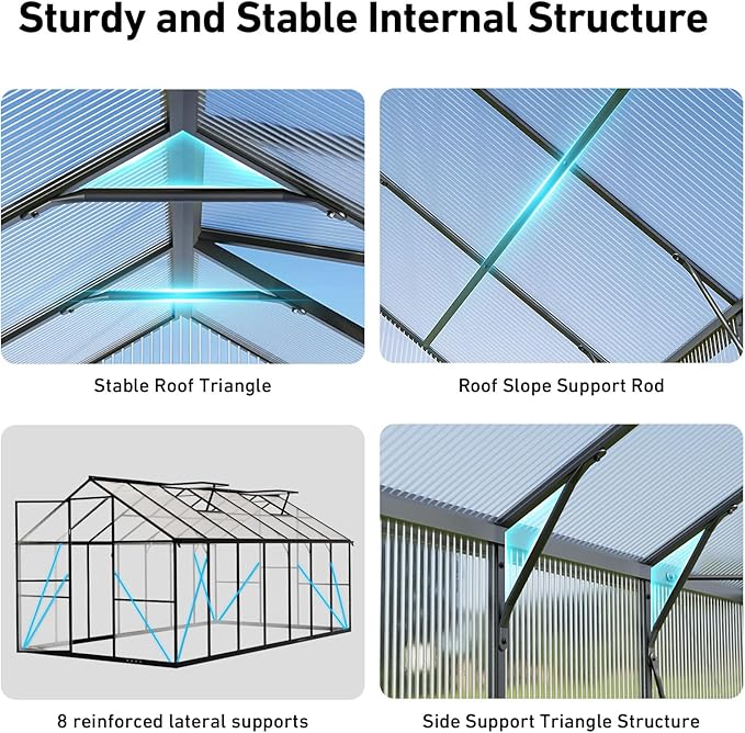 8x10FT Greenhouses for Outdoors, Polycarbonate Green House with UV Protection, Heavy Duty Greenhouse with Windproof Aluminum Frame, Roof Vent & Quick-Install Design for Backyard or Garden Use