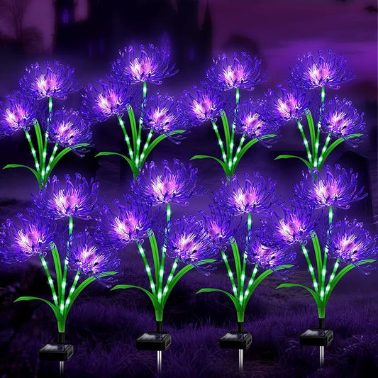 Halloween Solar Lights Outdoor – Purple Spider Lily Flowers,8 Pack 24-Head with Glowing Stems,Waterproof Solar Powered Garden Decor for Yard,Patio,Lawn,Spooky Halloween Decorations & Gifts