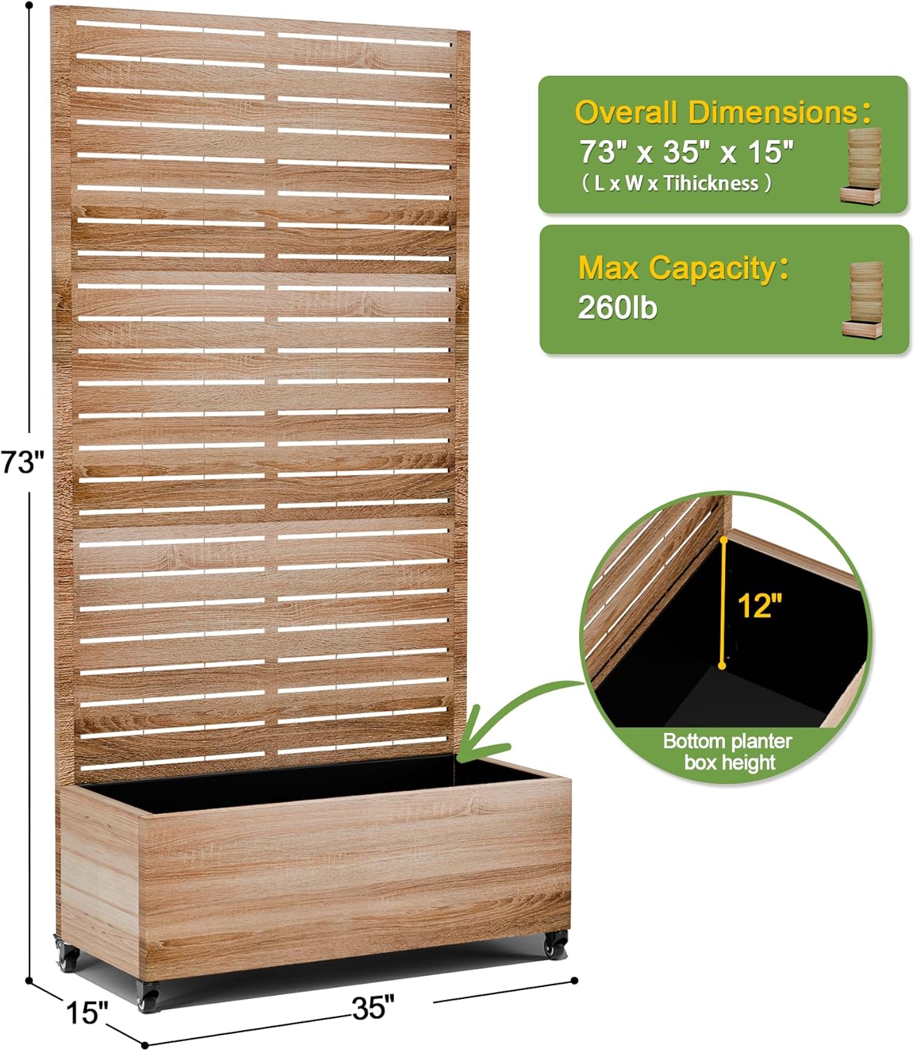 FENCY Metal Raised Garden Bed with Wheels and Trellis,73"x35"x16" Planter Box for Climbing Plants, Vegetables & Vines, Features Privacy Screen and Drainage Holes (Natural Wood Color)