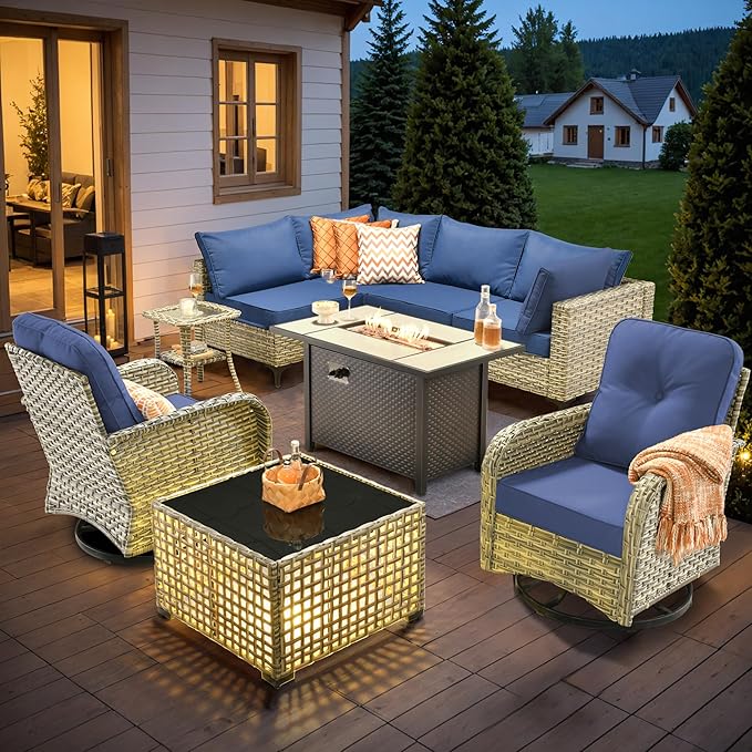 HOOOWOOO Outdoor Patio Furniture Set with Fire Pit Table,9 Pieces Wicker Out Door Sectional Furniture L Shaped Couch,Outside Patio Conversation Sets Swivel Chair,Navy Blue