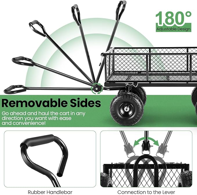 Homdox MAX 880LB Garden Cart, Heavy Duty Garden Wagon, Mesh Foldable Garden Cart, Pullable Gardens Wagon with 180° Rotating Handle, Collapsible Garden Carts for Yard Beach Farm, Black with Bag