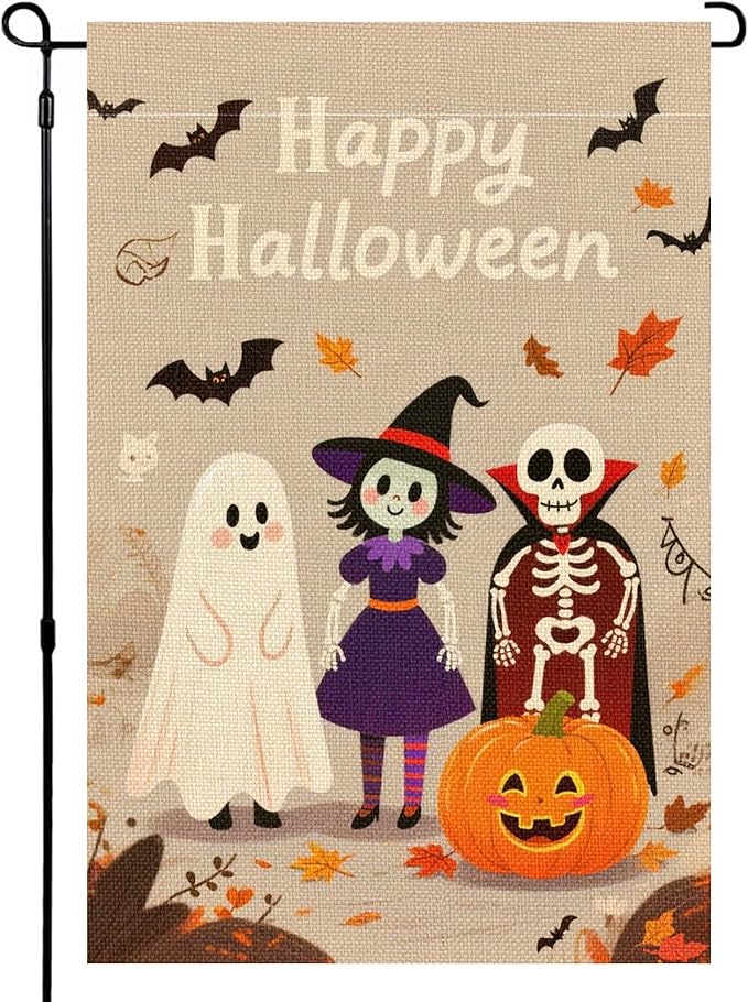 Halloween Garden Flag 12x18 Inch Double Sided, Outdoor Burlap Yard Decor for Porch, Patio, Holiday Decorations, Khaki