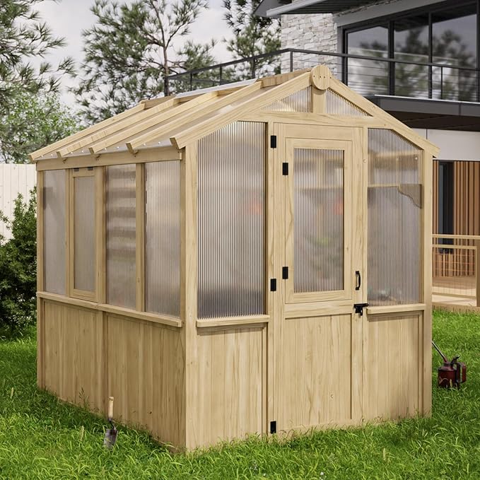 EAGLE PEAK 6.7x7.8x7.7 ft Wood and Polycarbonate Walk-in Greenhouse, Cedar Hobby Green House with Roof Vent, Natural