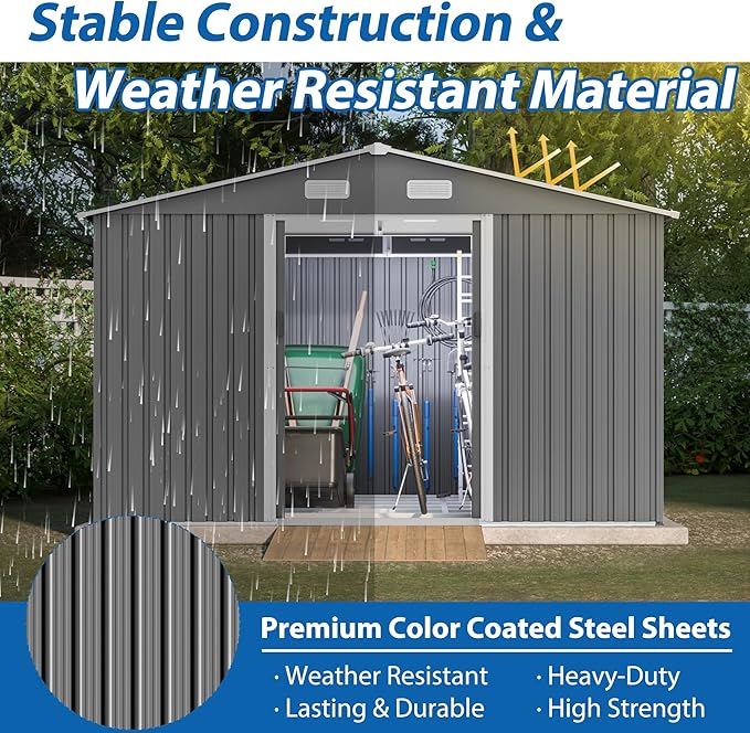 10X8 FT Outdoor Tool Storage Shed with Metal Foundation & Lockable Doors, All Weather Metal Sheds for Garden, Patio, Backyard, Lawn, Gray