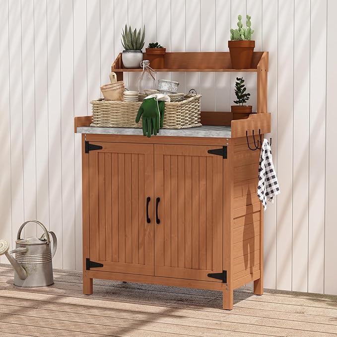Outdoor Potting Bench with Storage, Wooden Garden Potting Table with Metal Tabletop and Removable Shelf, Potting Work Bench Station for Garden, Patio, Backyard