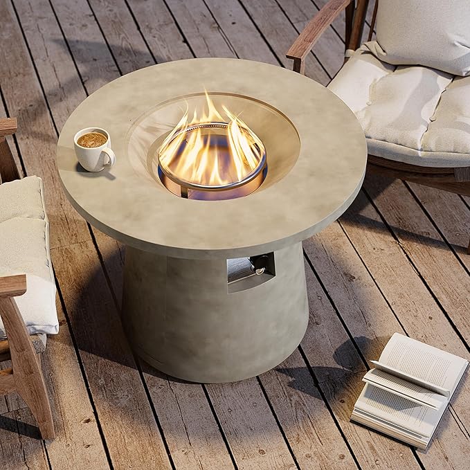 HOMPUS Outdoor Fire Pit Gray Propane Fire Table, 31-inch Round Propane Fire Pit, 40,000 BTU Gas Smokeless Fire Pit, Patio Concrete Fire Pit with Lava Rocks and Rain Cover for Garden, Deck, Backyard
