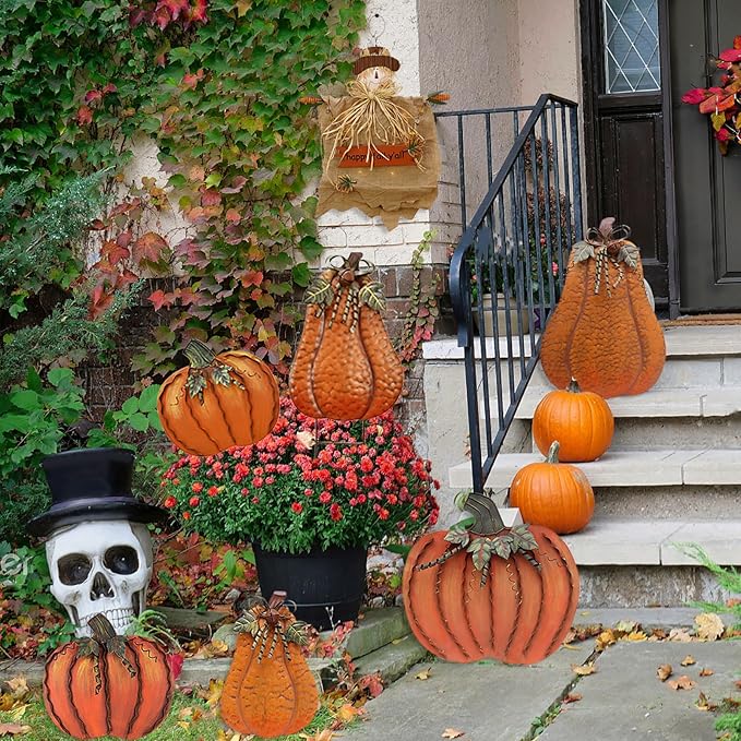 Metal Pumpkin Garden Stakes - Autumn Decorative Yard Signs - Indoor Outdoor Plant Flower Stake Fall Lawn Ornaments Pumpkin Decoration for Harvest Halloween (17.5"+20"-A)