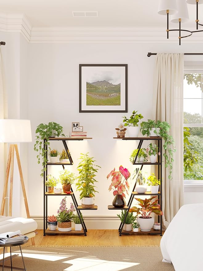 Plant Stand Indoor with Grow Lights: 5 Tier Small Corner Shelf Metal Tower Lighted Black Modern Display Rack for Living Room Bedroom Office