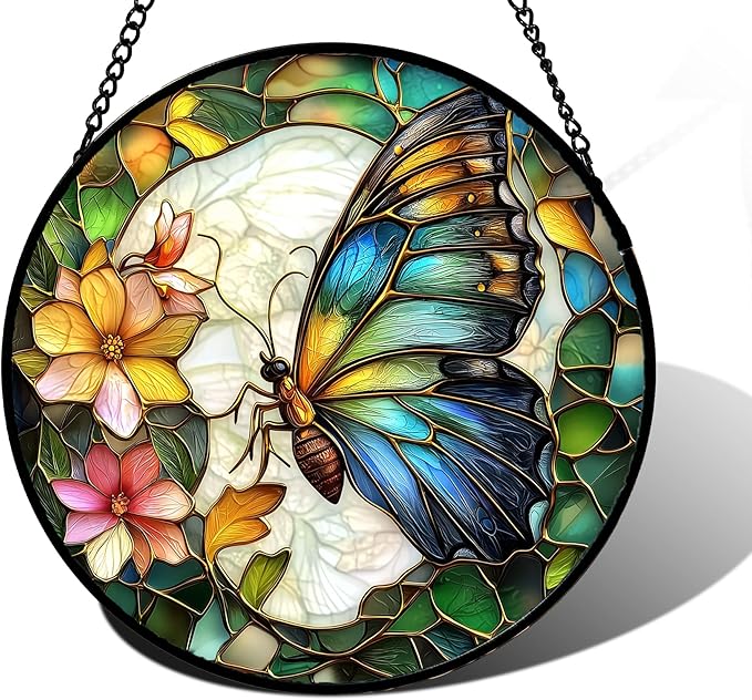 Stained Glass Window Hanging, Butterfly Flower Sun Catchers Diamond Glass Panel Hangings Insect Suncatcher Decor for Birthday for Women, Men, Wife, Aunt, and Mom 7.8 in