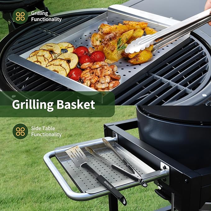 Brand-Man Charcoal Grill & Smoker Steel Kamado - 22" Cast Iron Grates, Grilling Basket, Large Prep Table Cart, Ideal for Outdoor Cooking