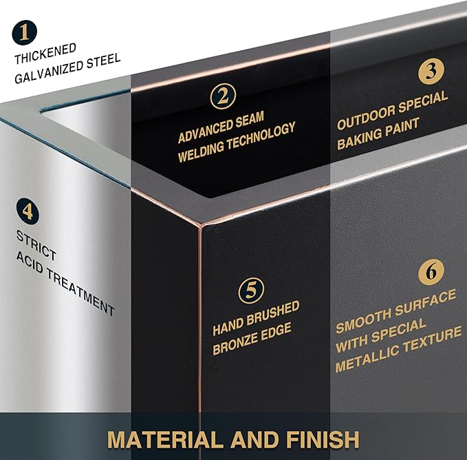 Metallic Heavy Outdoor Planter Box, Span Planter, Long and Tall Divider, 30Lx10Wx24H, Black with Gold Rim, 30.8 Pounds