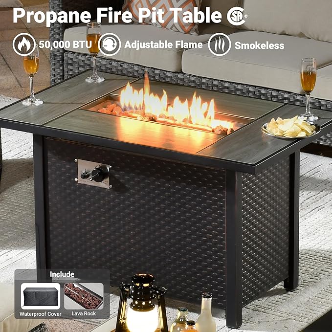 ovios Patio Furniture Set, 6 Pieces Outdoor Wicker Sofa Couch with Fire Pit Table, Ottomans and Comfy Cushions, All Weather High Back Rattan Conversation Set, Beige