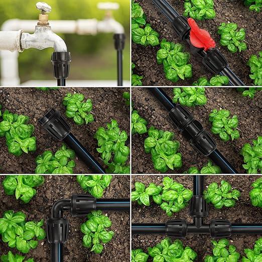 21 Pieces1/2 Inch Drip Irrigation Fittings Kit, 1/2'' Drip Line Barbed Locked Connectors for 1/2 Inch Irrigation Tubing (1/2" ID x 0.640" OD) Coupling Tee Elbow Plug Valve Faucet Adapter